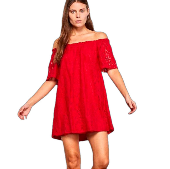 BB Dakota NWT Erica Red Lace Off The Shoulder Mini Dress Size Medium - Picture 1 of 13